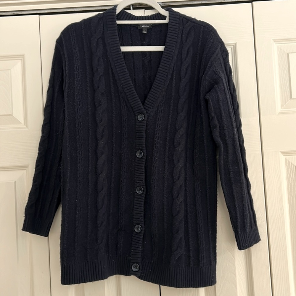 Soft cable cardigan v-neck Navy Talbots sweater. Size medium
